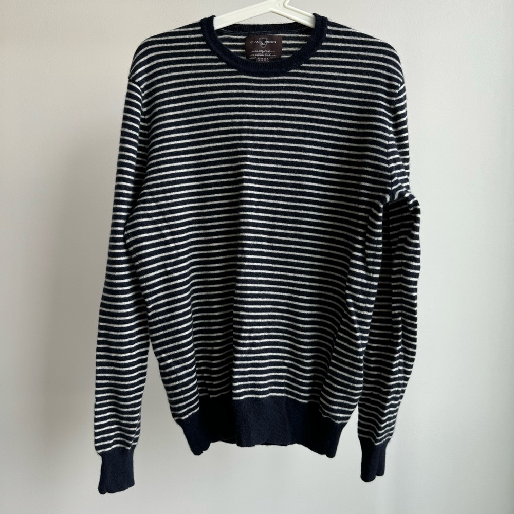 Black Brown 1826 Navy and White Striped 100% Cashmere Crewneck Sweater
